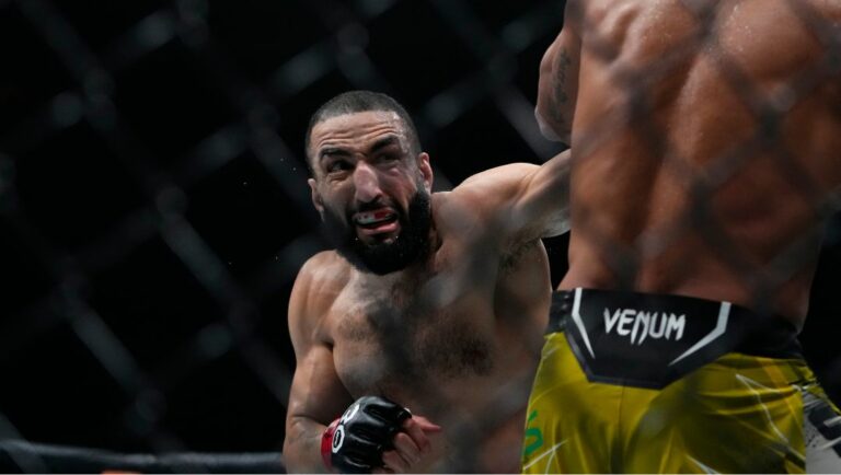 Belal Muhammad during the second round of a welterweight bout against Brazil's Gilbert Burns at the UFC 288 mixed martial arts event.