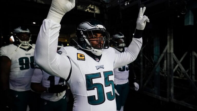 Philadelphia Eagles defensive end Brandon Graham (55) before an NFL football game against the New York Giants, Sunday, Jan. 8, 2024, in East Rutherford, N.J. (AP Photo/Bryan Woolston)