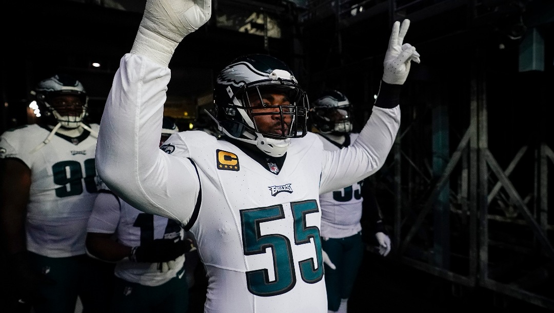 Philadelphia Eagles defensive end Brandon Graham (55) before an NFL football game against the New York Giants, Sunday, Jan. 8, 2024, in East Rutherford, N.J. (AP Photo/Bryan Woolston)