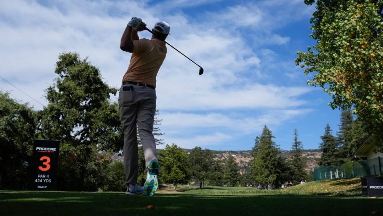 Patton Kizzire watches his shot from the third tee during the final round of the Procore Championship golf tournament at Silverado Resort North Course, Sunday, Sept. 15, 2024, in Napa, Calif.