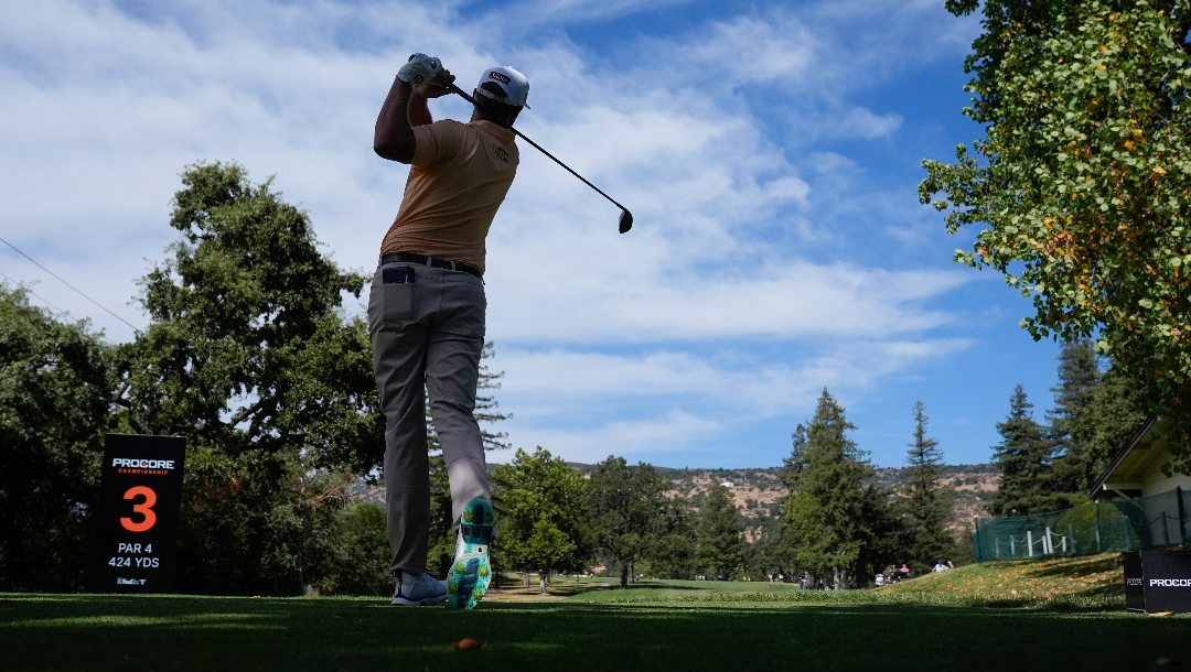 Patton Kizzire watches his shot from the third tee during the final round of the Procore Championship golf tournament at Silverado Resort North Course, Sunday, Sept. 15, 2024, in Napa, Calif.