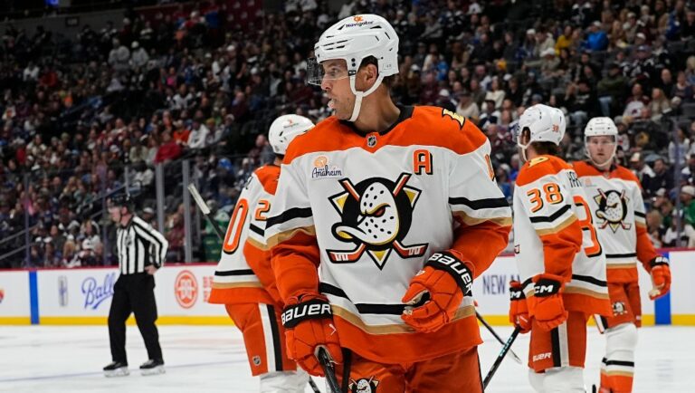 Anaheim Ducks defenseman Cam Fowler (4) in the first period of an NHL hockey game Friday, Oct. 18, 2024, in Denver. (AP Photo/David Zalubowski)