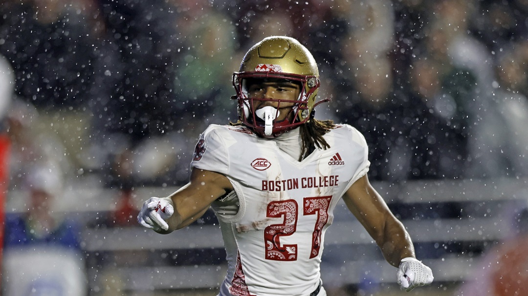 Boston College running back Turbo Richard (27) runs a route during the first half of an NCAA football game against Michigan State on Saturday, Sept. 21, 2024, in Chestnut Hill, Mass.