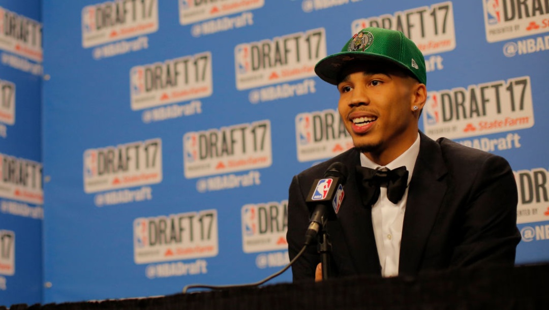 BROOKLYN, NY - JUNE 22: Jayson Tatum is interviewed after being selected third overall by the Boston Celtics at the 2017 NBA Draft on June 22, 2017 at Barclays Center in Brooklyn, New York. NOTE TO USER: User expressly acknowledges and agrees that, by downloading and/or using this photograph, user is consenting to the terms and conditions of the Getty Images License Agreement. Mandatory Copyright Notice: Copyright 2017 NBAE