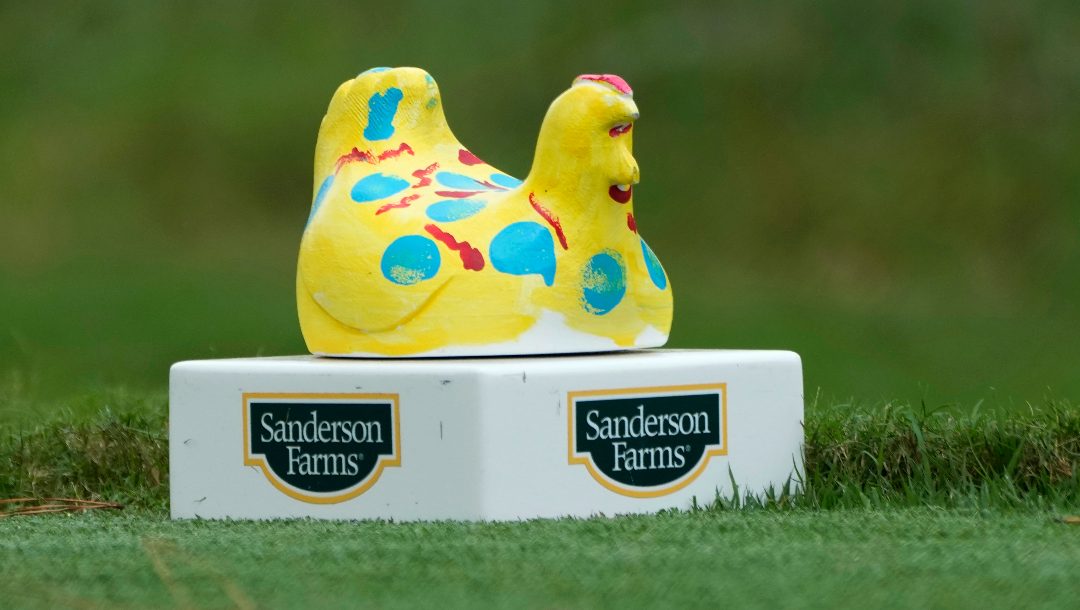 Painted chicken tee box markers line all 18 holes of the Sanderson Farms Championship golf tournament in Jackson, Miss., Thursday, Oct 5, 2023.