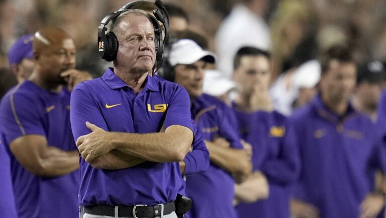 LSU head coach Brian Kelly watches his offense run a play against Texas A&M during the first quarter of an NCAA college football game Saturday, Oct. 26, 2024, in College Station, Texas.
