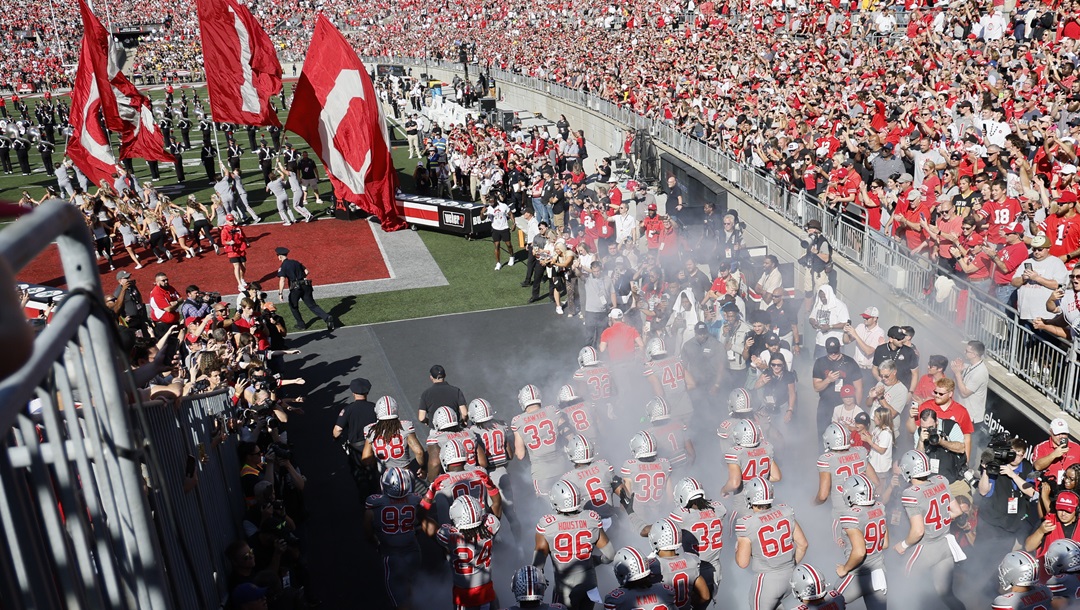 Ohio State runs on to the filed before the start of their NCAA college football game against Iowa, Saturday, Oct. 5, 2024, in Columbus, Ohio.