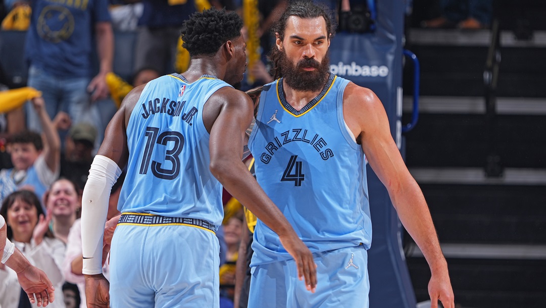 MEMPHIS, TN - May 11: Jaren Jackson Jr. #13 speaks with Steven Adams #4 of the Memphis Grizzlies during the game against the Golden State Warriors during Game 5 of the 2022 NBA Playoffs Western Conference Semifinals on May 11, 2022 at FedExForum in Memphis, Tennessee.