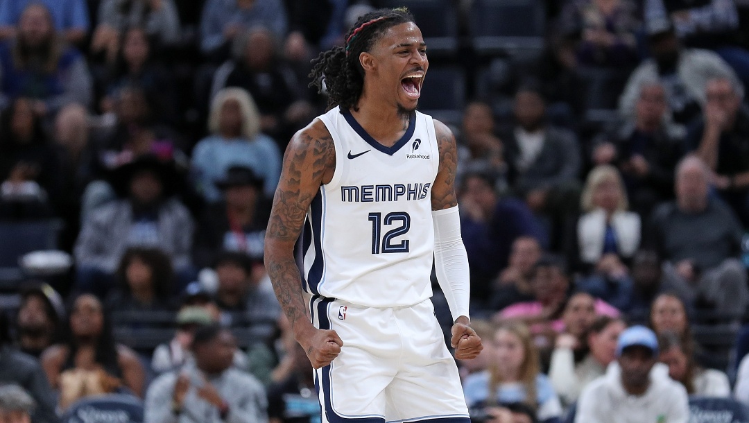 Ja Morant #12 of the Memphis Grizzlies reacts during the game against the Miami Heat at FedExForum on October 18, 2024 in Memphis, Tennessee.
