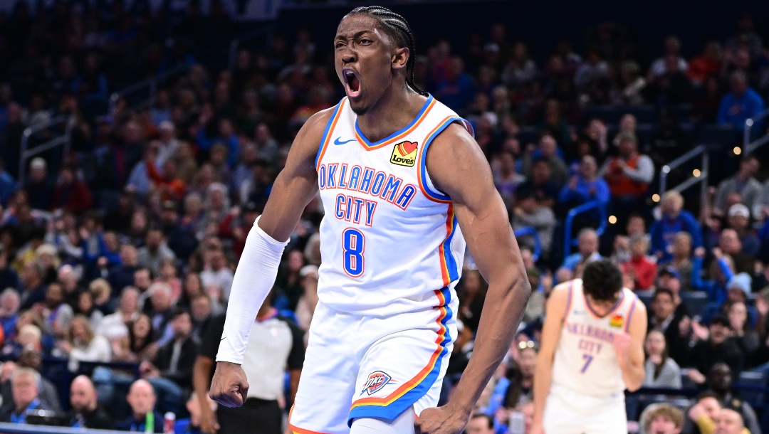 Jalen Williams #8 of the Oklahoma City Thunder celebrates in the second half against the New Orleans Pelicans at Paycom Center on November 1, 2023 in Oklahoma City, Oklahoma.