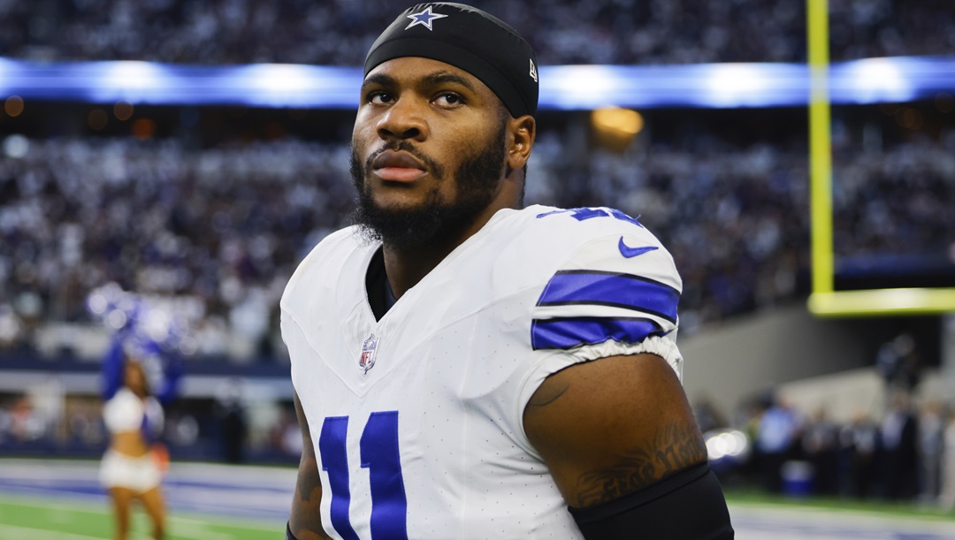 Dallas Cowboys linebacker Micah Parsons looks into the stands before an NFL football game against the Baltimore Ravens, Sunday, Sept. 22, 2024 in Arlington, Texas. The Ravens defeated the Cowboys, 28-25.