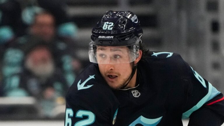 Seattle Kraken defenseman Brandon Montour in action against the Winnipeg Jets during the second period of an NHL hockey game Thursday, Oct. 24, 2024, in Seattle. (AP Photo/Lindsey Wasson)