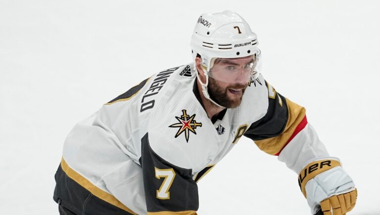 Vegas Golden Knights' Alex Pietrangelo controls the puck in Game 5 of an NHL hockey Stanley Cup first-round playoff series against the Dallas Stars in Dallas, Wednesday, May 1, 2024. (AP Photo/Tony Gutierrez)