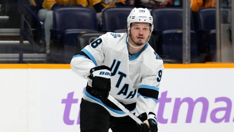 Utah Hockey Club defenseman Mikhail Sergachev plays against the Nashville Predators during the third period of an NHL hockey game Saturday, Nov. 9, 2024, in Nashville, Tenn. (AP Photo/Mark Humphrey)