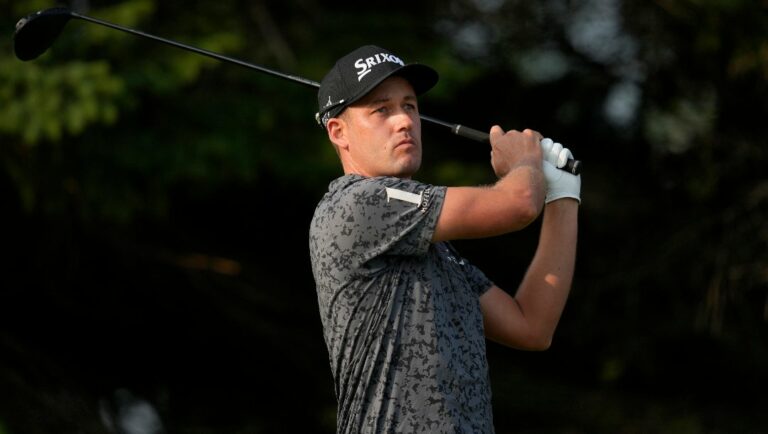 Andrew Putnam hits off the tee on the second hole during the second round of the 3M Open golf tournament at the Tournament Players Club, Friday, July 26, 2024, in Blaine, Minn.