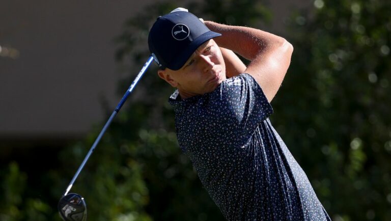 Matti Schmid hits off the tee on the third hole during the final round of the Shriners Children's Open golf tournament, Sunday, Oct. 20, 2024, in Las Vegas.
