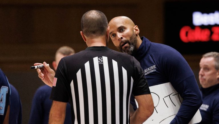 Maine head coach Chris Markwood protests a call during the second half of an NCAA college basketball game against Duke in Durham, N.C., Monday, Nov. 4, 2024. (AP Photo/Ben McKeown)