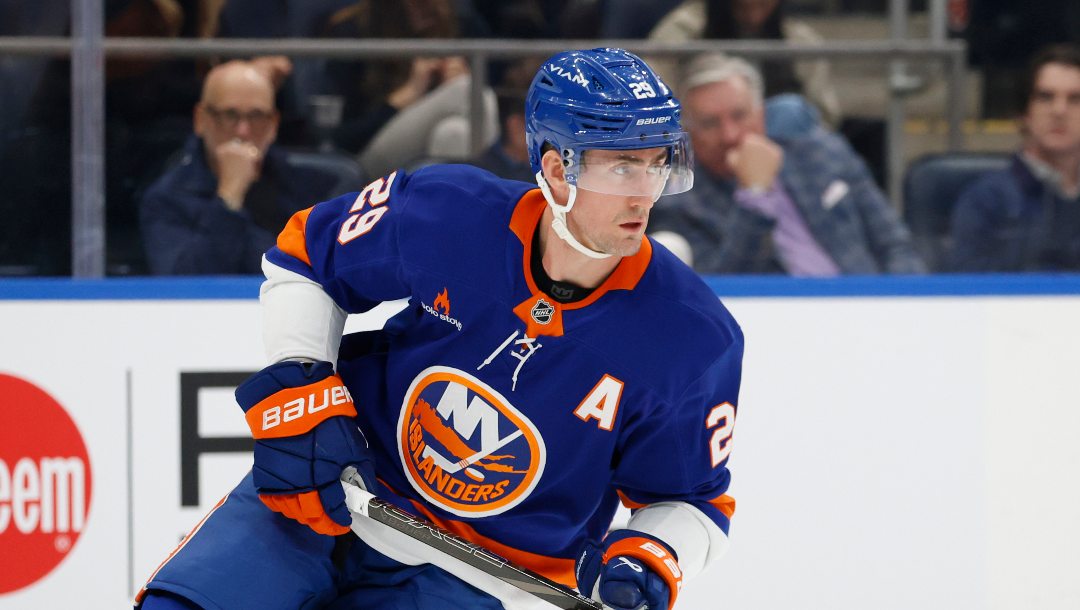 New York Islanders center Brock Nelson (29) skates during the first period of an NHL hockey game against the San Jose Sharks, Saturday, Jan. 18, 2025, in Elmont, N.Y.