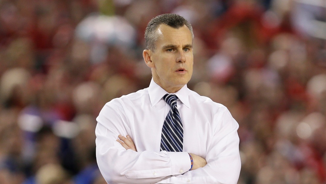 FILE - In this April 5, 2014, file photo, Florida head coach Billy Donovan looks on during the second half of an NCAA Final Four tournament college basketball semifinal game against Connecticut in Arlington, Texas. A person familiar with the situation says Florida coach Billy Donovan has agreed to become the Oklahoma City Thunder's next coach. The person spoke to The Associated Press on condition of anonymity Thursday, April 30, 2015, because neither side has announced the agreement