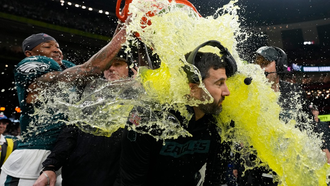 Philadelphia Eagles head coach Nick Sirianni is dunked by teammates during the second half the NFL Super Bowl 59 football game against the Kansas City Chiefs, Sunday, Feb. 9, 2025, in New Orleans. (AP Photo/Matt Slocum)