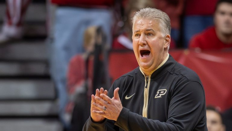 Purdue head coach Matt Painter reacts to play on the court during an NCAA college basketball game against Indiana, Sunday, Feb. 23, 2025, in Bloomington, Ind. (AP Photo/Doug McSchooler)