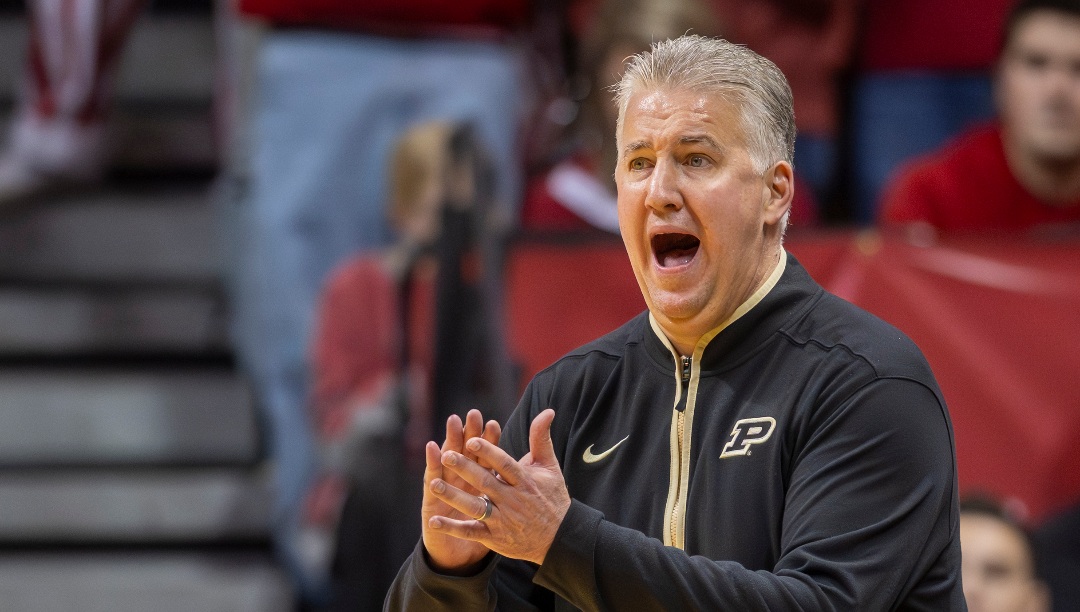 Purdue head coach Matt Painter reacts to play on the court during an NCAA college basketball game against Indiana, Sunday, Feb. 23, 2025, in Bloomington, Ind. (AP Photo/Doug McSchooler)