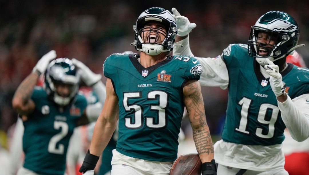 Philadelphia Eagles linebacker Zack Baun (53) celebrates after intercepting a pass during the first half of the NFL Super Bowl 59 football game against the Kansas City Chiefs, Sunday, Feb. 9, 2025, in New Orleans.