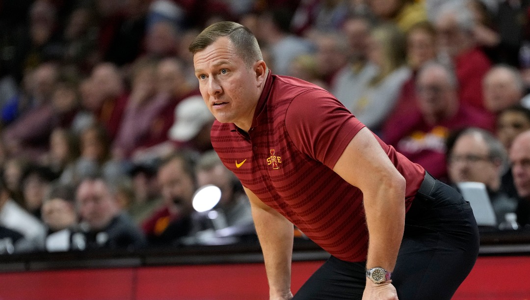 Iowa State head coach T.J. Otzelberger watches from the bench during the first half of an NCAA college basketball game against Colorado Tuesday, Feb. 18, 2025, in Ames, Iowa. (AP Photo/Charlie Neibergall)