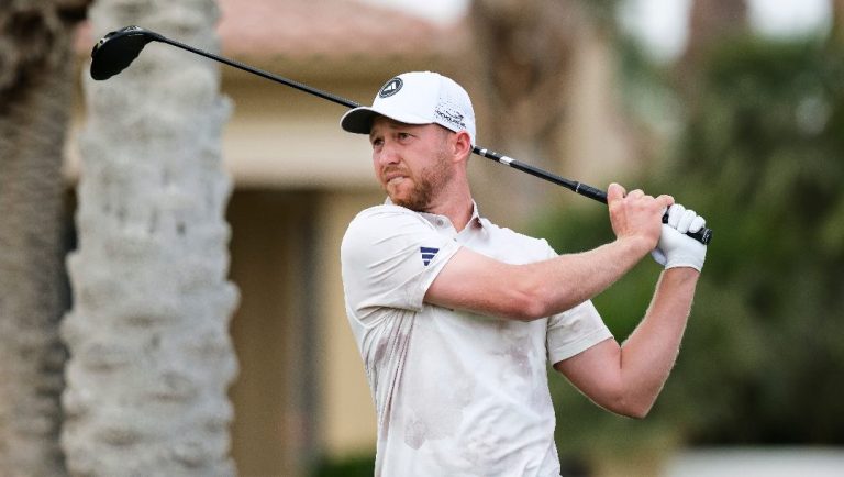Daniel Berger hits from the ninth tee at the Nicklaus Tournament Course during the first round of the American Express golf tournament in La Quinta, Calif., Thursday, Jan. 16, 2025.