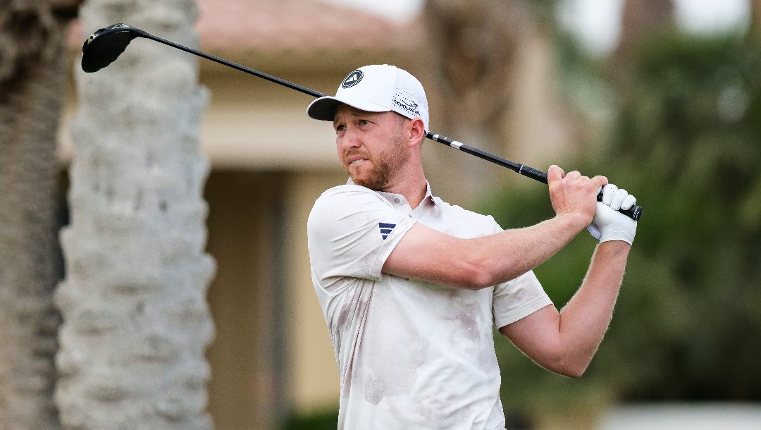 Daniel Berger hits from the ninth tee at the Nicklaus Tournament Course during the first round of the American Express golf tournament in La Quinta, Calif., Thursday, Jan. 16, 2025.