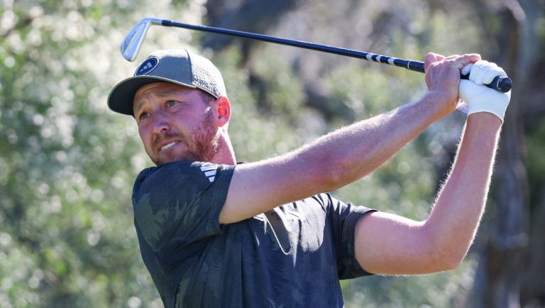 Daniel Berger drives from the second tee during the final final round of the RSM Classic golf tournament, Sunday, Nov. 24, 2024, in St. Simons Island, Ga.