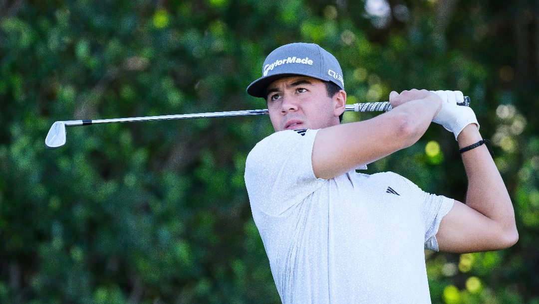 Michael Thorbjornsen hits from the third tee at the La Quinta Country Club Course during the first round of the American Express golf tournament in La Quinta, Calif., Thursday, Jan. 16, 2025.