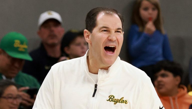 Baylor head coach Scott Drew reacts to a call during the first half of an NCAA college basketball game against Utah Tuesday, Dec. 31, 2024, in Waco, Texas. (AP Photo/Jerry Larson)