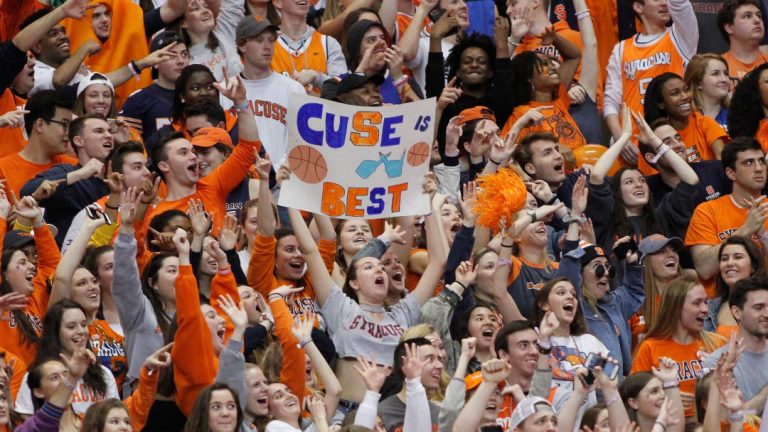 Syracuse fans cheer late in the second half of an NCAA college basketball game against North Carolina in Syracuse, N.Y., Wednesday, Feb. 21, 2018. North Carolina won 78-74. (AP Photo/Nick Lisi)