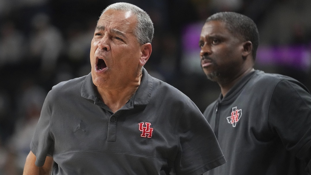 Houston head coach Kelvin Sampson reacts during the first half of an NCAA college basketball game against the Baylor Saturday, March 8, 2025, in Waco, Texas.