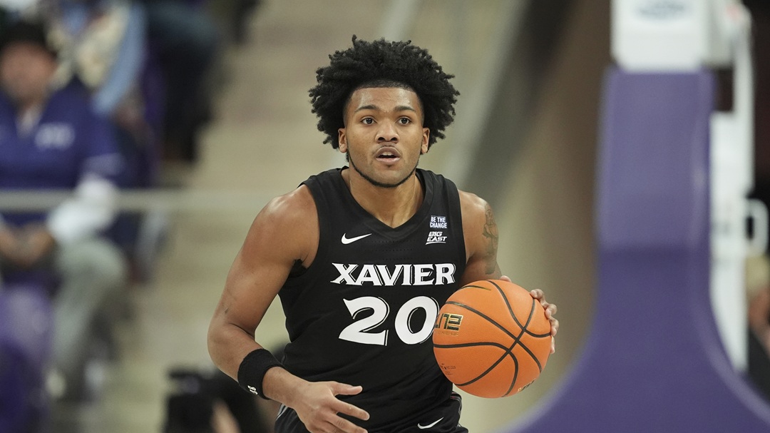Xavier guard Dayvion McKnight advances theb all against TCU during an NCAA college basketball game in Fort Worth, Texas, Thursday, Dec. 5, 2024.