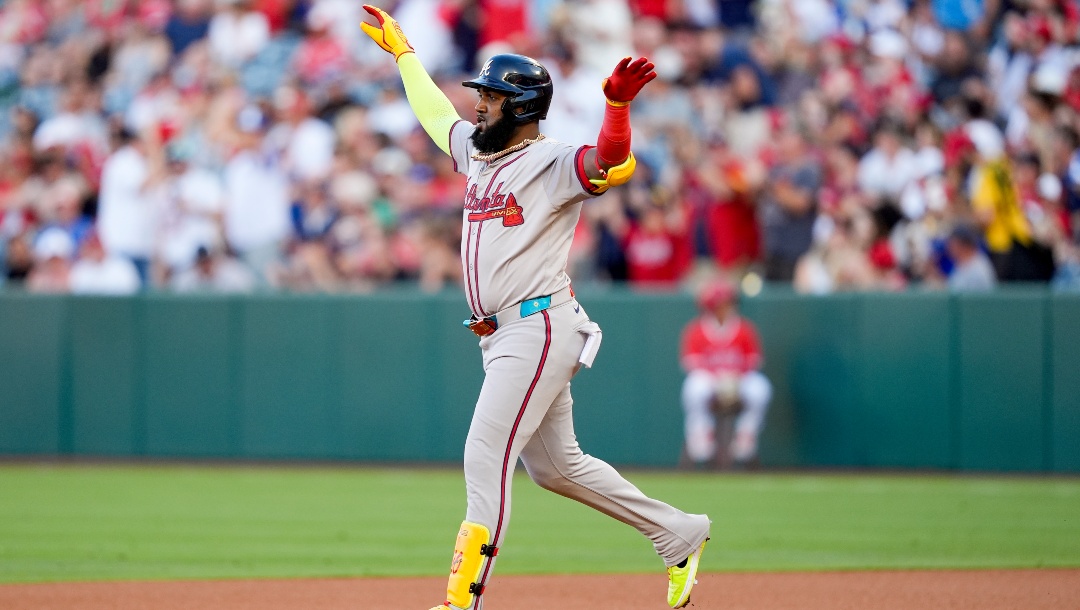 Atlanta Braves designated hitter Marcell Ozuna celebrates after hitting a three-run home run during the first inning of a baseball game against the Los Angeles Angels, Saturday, Aug. 17, 2024, in Anaheim, Calif.