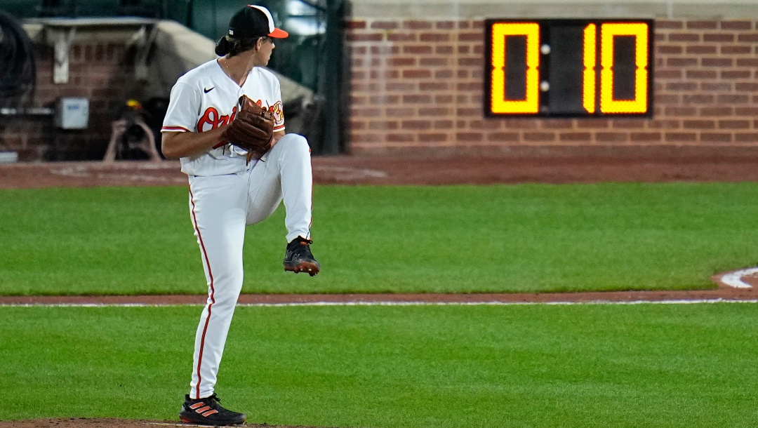 The pitch clock is visible as Baltimore Orioles starting pitcher Dean Kremer winds up to deliver during the sixth inning of a baseball game against the Boston Red Sox, April 24, 2023, in Baltimore, Md.