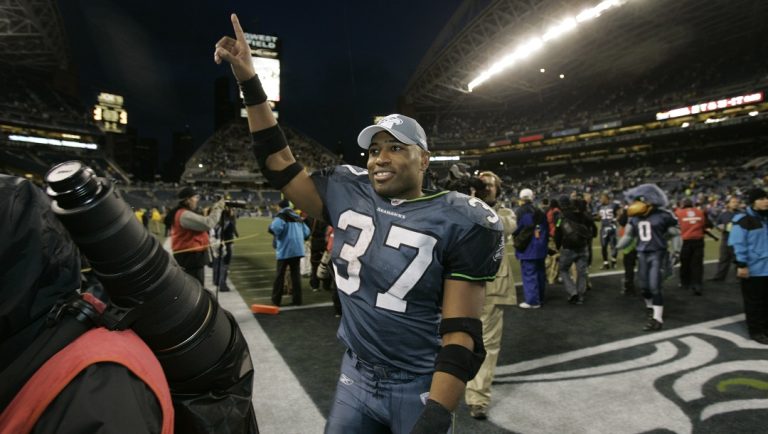Seattle Seahawks running back Shaun Alexander smiles following an NFL football wildcard playoff game against the Washington Redskins Saturday, Jan. 5, 2008, at Qwest Field in Seattle. The Seahawks beat the Redskins 35-14.