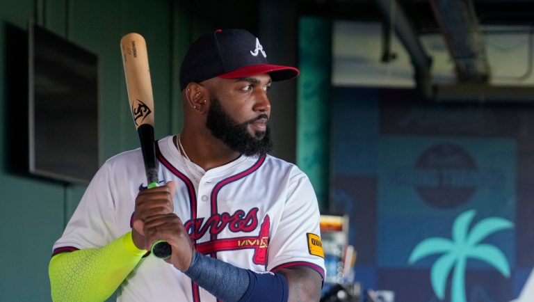 Atlanta Braves outfielder Marcell Ozuna poses for a portrait during the team's photo day, Feb. 21, 2025 in North Port, Fla. (AP Photo/Stephanie Scarbrough)