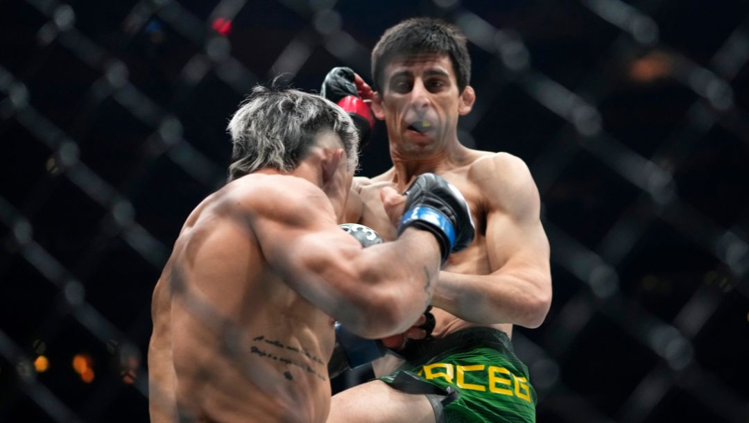 Australia's Steve Erceg, right, kicks Brazil's Alessandro Costa during the first round of a flyweight bout at the UFC 295.