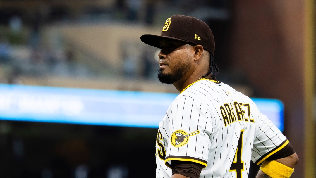 San Diego Padres' Luis Arraez looks on during a baseball game against the Colorado Rockies Saturday, April 12, 2025, in San Diego. (AP Photo/Derrick Tuskan)