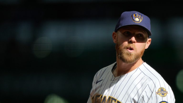 Milwaukee Brewers' Jake Bauers looks on during the ninth inning of a baseball game against the Cincinnati Reds, Sunday, April 6, 2025, in Milwaukee. (AP Photo/Aaron Gash)