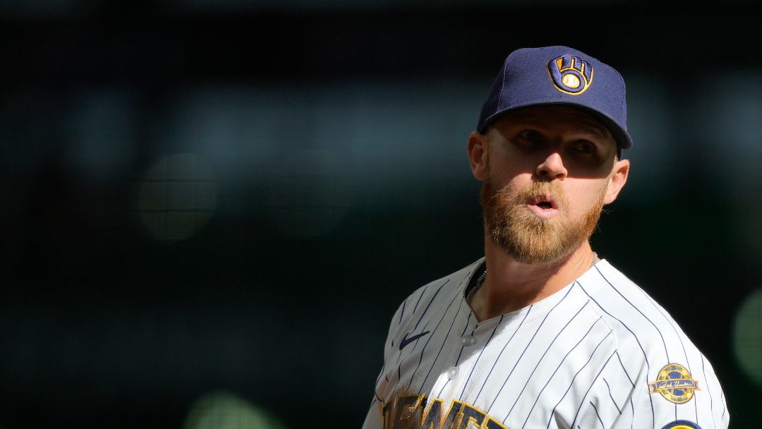Milwaukee Brewers' Jake Bauers looks on during the ninth inning of a baseball game against the Cincinnati Reds, Sunday, April 6, 2025, in Milwaukee. (AP Photo/Aaron Gash)