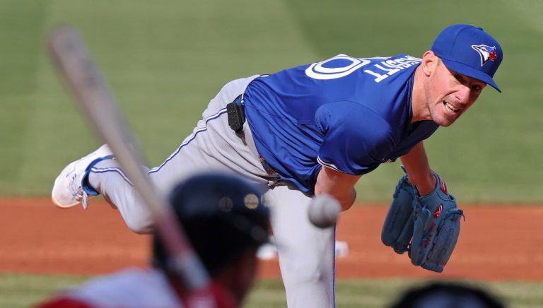 Toronto Blue Jays pitcher Chris Bassitt throws during the first inning of a baseball game against the Boston Red Sox, Thursday, April 10, 2025, in Boston. (AP Photo/Jim Davis)