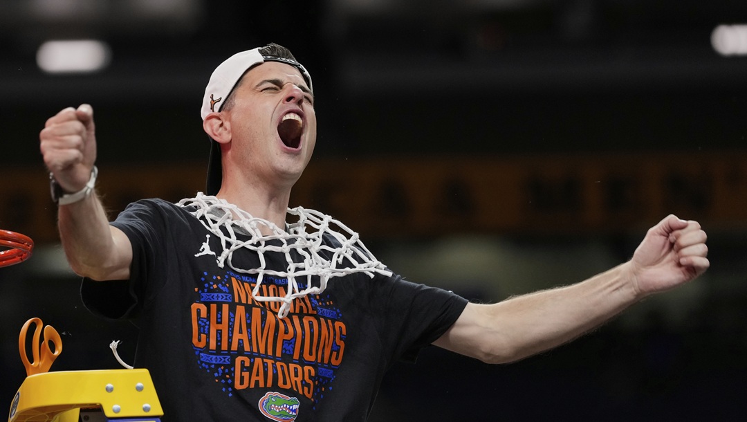Florida head coach Todd Golden celebrates after Florida beat Houston in the national championship at the Final Four of the NCAA college basketball tournament, Monday, April 7, 2025, in San Antonio.