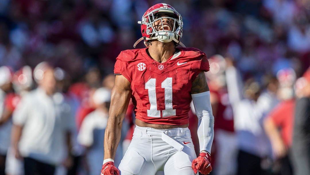 Alabama linebacker Jihaad Campbell (11) celebrates his sack against Mercer during the first half of an NCAA college football game, Saturday, Nov. 16, 2024, in Tuscaloosa, Ala.