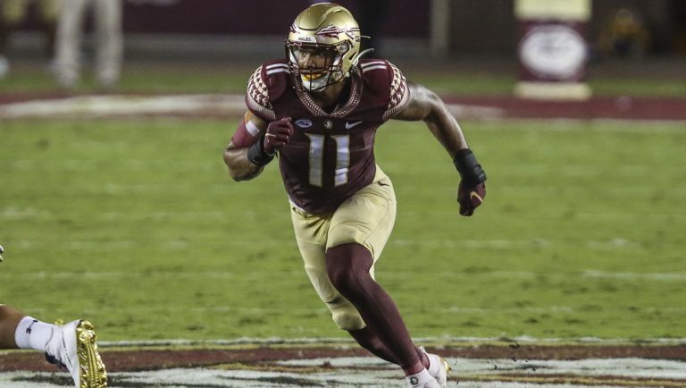 Florida State defensive end Jermaine Johnson II plays in the team's NCAA football game against Notre Dame on Sept. 5, 2021, in Tallahassee, Fla. Johnson was selected by the New York Jets in the first round of the NFL draft Thursday, April 28.