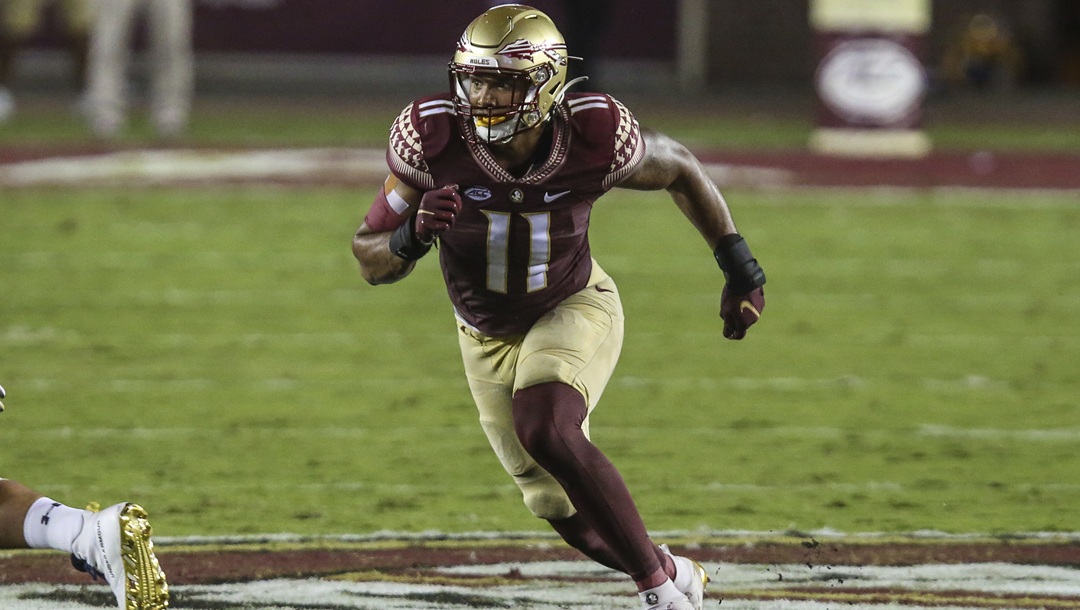 Florida State defensive end Jermaine Johnson II plays in the team's NCAA football game against Notre Dame on Sept. 5, 2021, in Tallahassee, Fla. Johnson was selected by the New York Jets in the first round of the NFL draft Thursday, April 28.