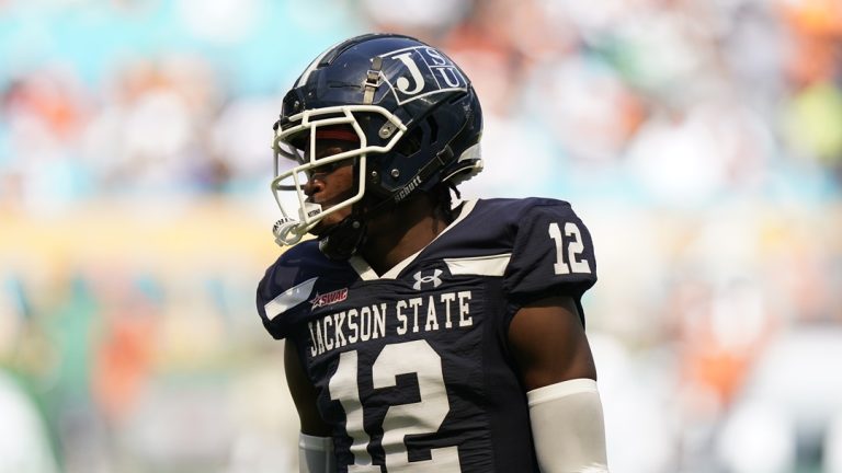 Jackson State cornerback Travis Hunter (12) lines up during the first half of the Orange Blossom Classic NCAA college football game against Florida A&M, Sunday, Sept. 4, 2022, in Miami Gardens, Fla.